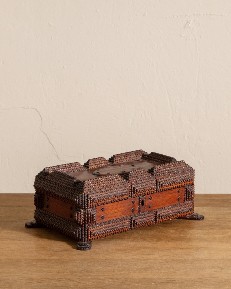 Wooden Tramp Art Jewelry Box w/ Feet, 19th Century - Lone Fox