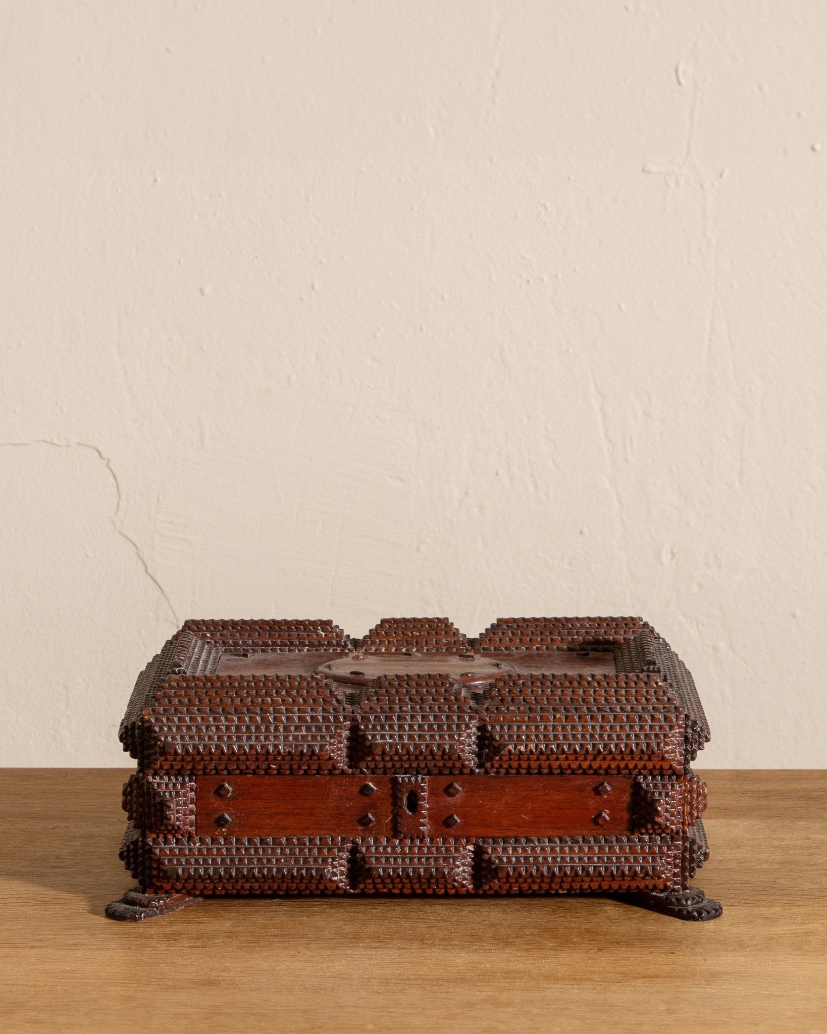 Wooden Tramp Art Jewelry Box w/ Feet, 19th Century - Lone Fox