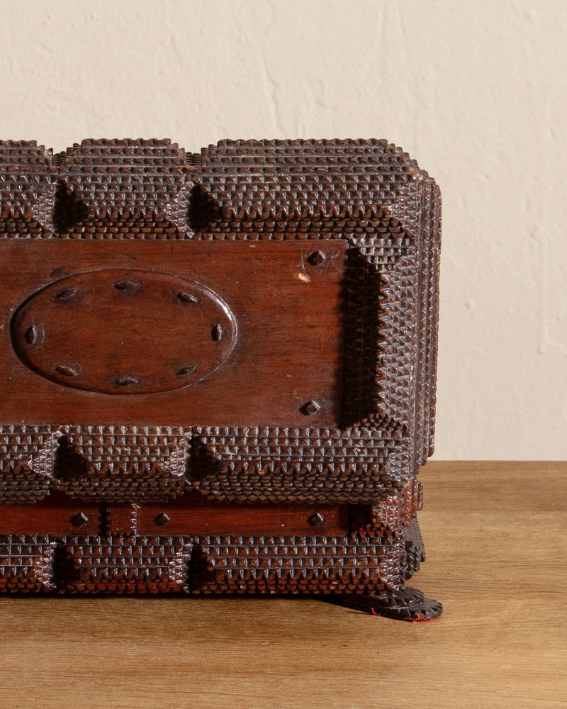 Wooden Tramp Art Jewelry Box w/ Feet, 19th Century - Lone Fox