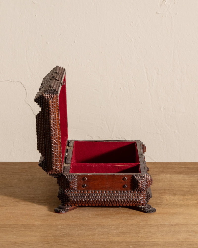 Wooden Tramp Art Jewelry Box w/ Feet, 19th Century - Lone Fox