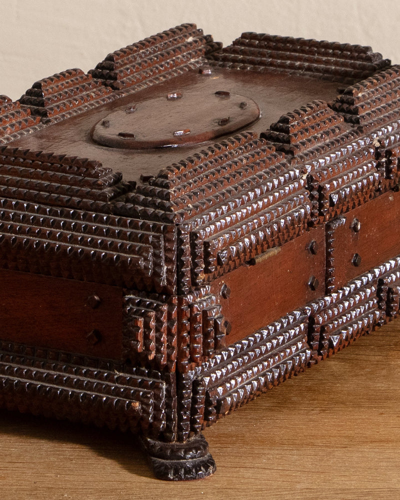 Wooden Tramp Art Jewelry Box w/ Feet, 19th Century - Lone Fox