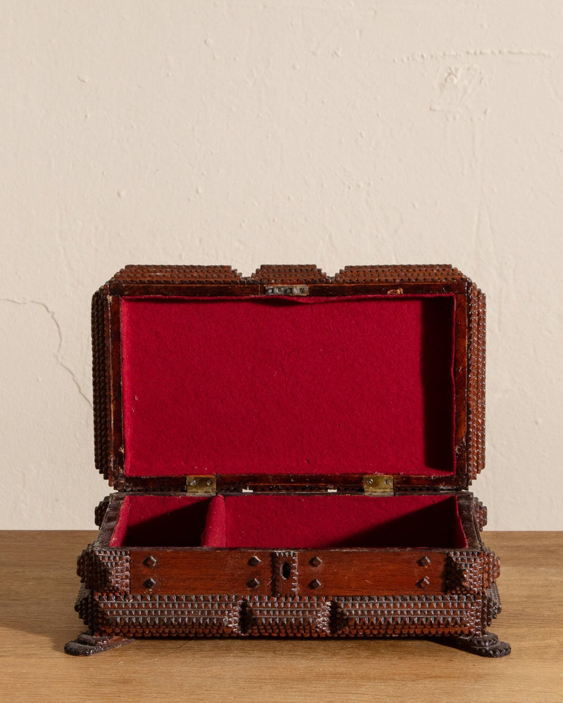 Wooden Tramp Art Jewelry Box w/ Feet, 19th Century - Lone Fox