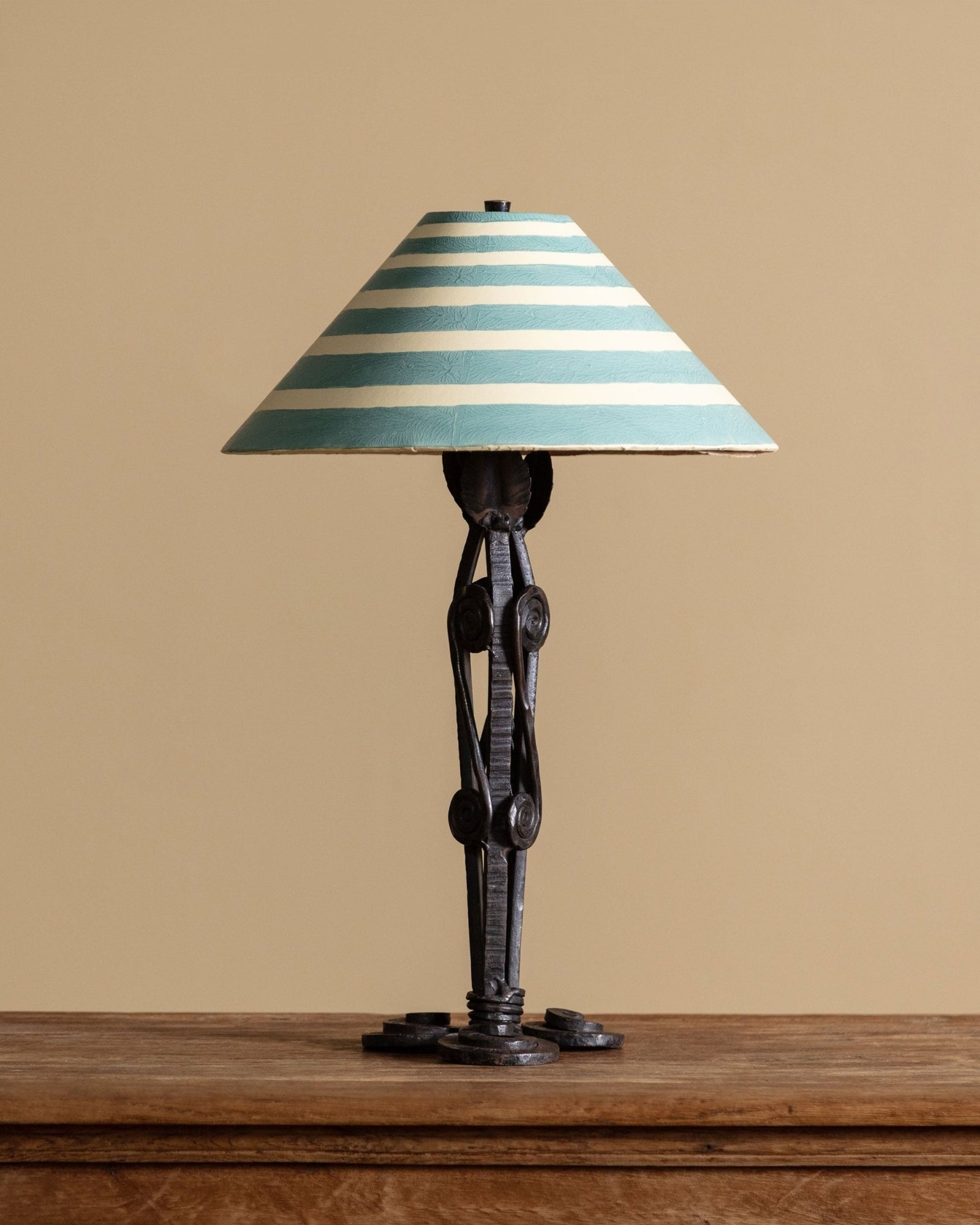 Wrought Iron Swirl Motif Lamp w/ Hand Painted Shade, Italy, 1920s