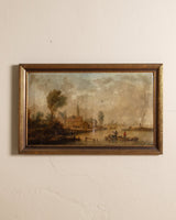 X - Large Antique Village Scene Oil Painting, Early 19th Century - Lone Fox
