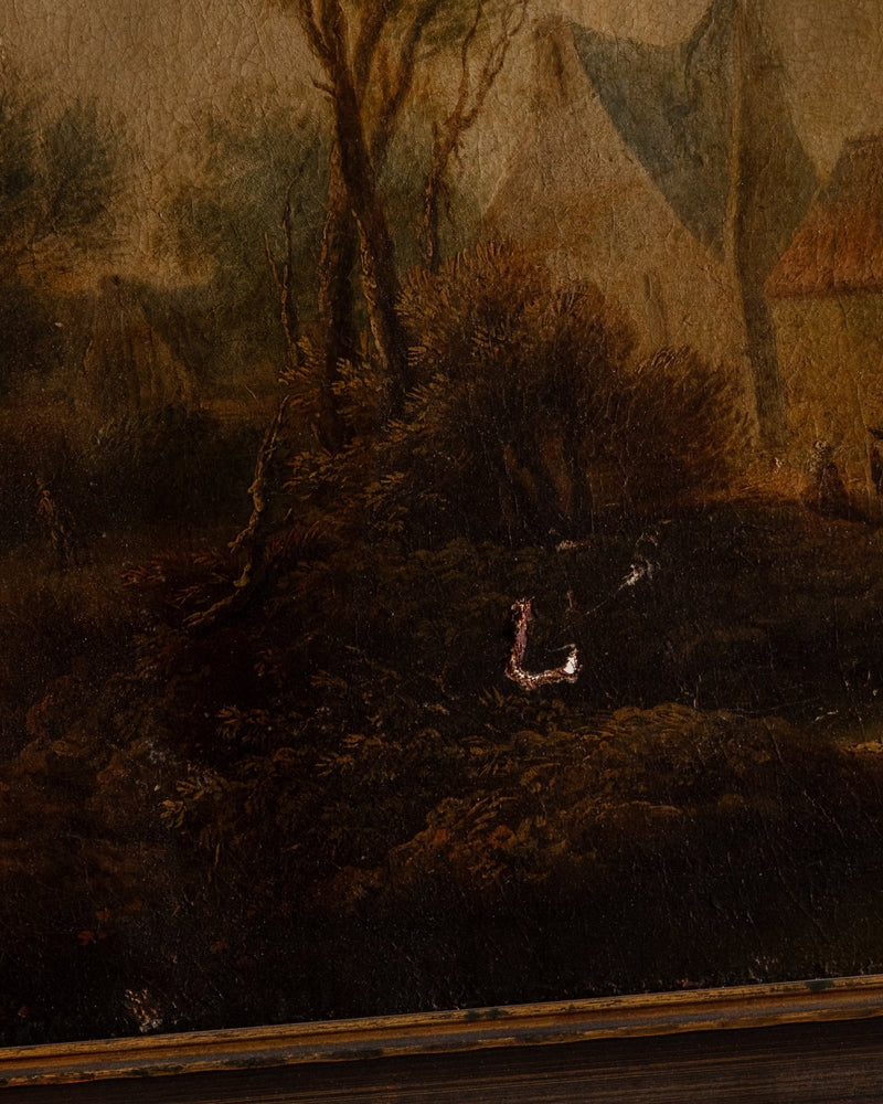 X - Large Antique Village Scene Oil Painting, Early 19th Century - Lone Fox