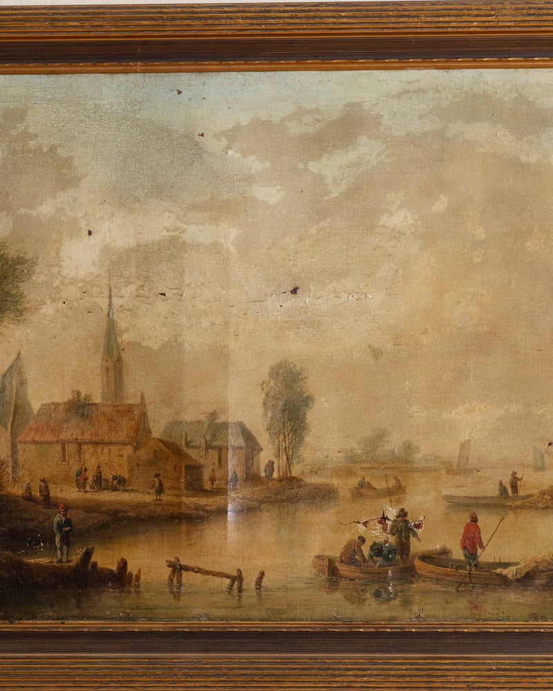 X - Large Antique Village Scene Oil Painting, Early 19th Century - Lone Fox