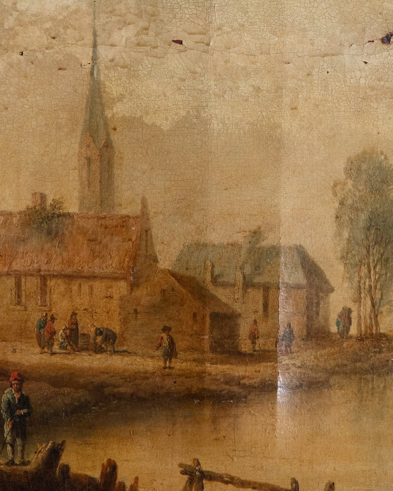 X - Large Antique Village Scene Oil Painting, Early 19th Century - Lone Fox