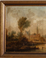 X - Large Antique Village Scene Oil Painting, Early 19th Century - Lone Fox