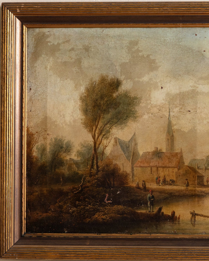 X - Large Antique Village Scene Oil Painting, Early 19th Century - Lone Fox