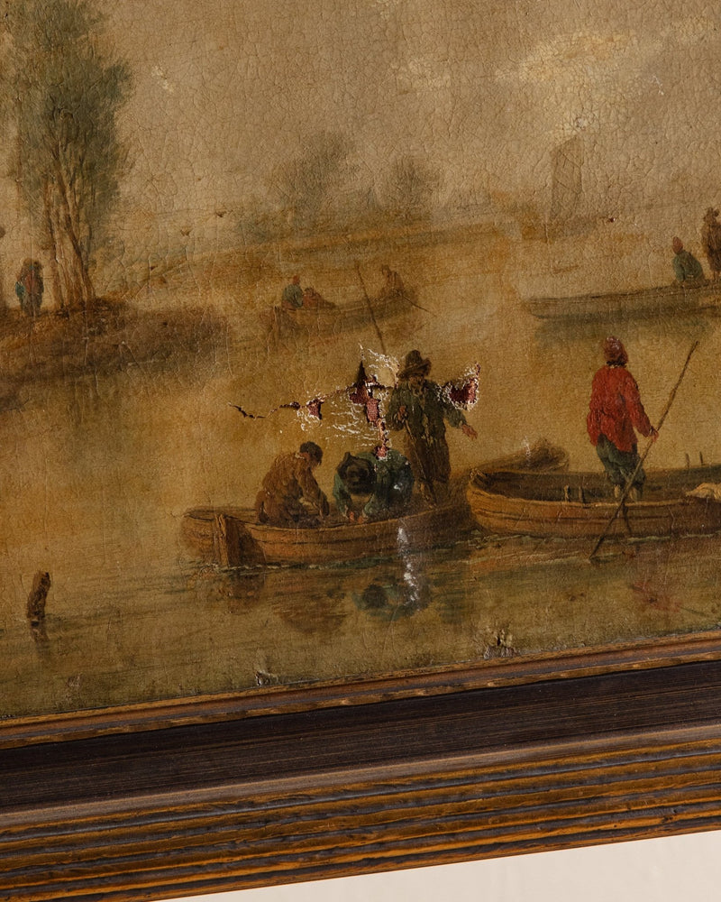X - Large Antique Village Scene Oil Painting, Early 19th Century - Lone Fox