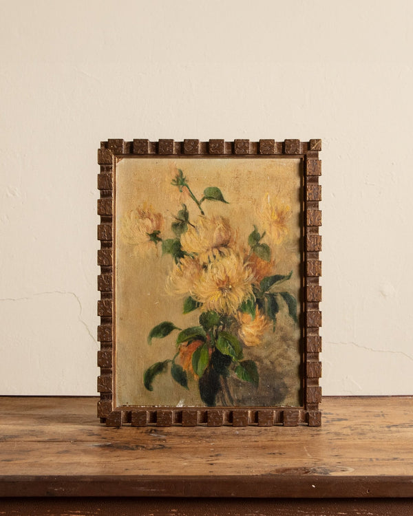 Yellow Mums Oil Painting in Gold Cubist Frame - Lone Fox