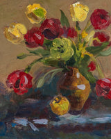 Yellow & Red Flowers Still Life Oil Painting, Ukraine, 1980's - Lone Fox