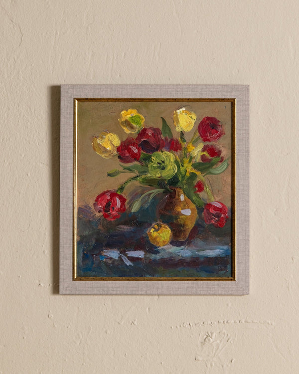 Yellow & Red Flowers Still Life Oil Painting, Ukraine, 1980's - Lone Fox
