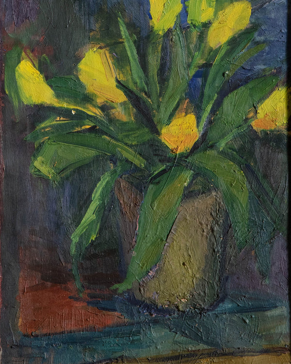 Yellow Tulips Still Life Oil Painting by Vlademar Nielsen, 1950's - Lone Fox