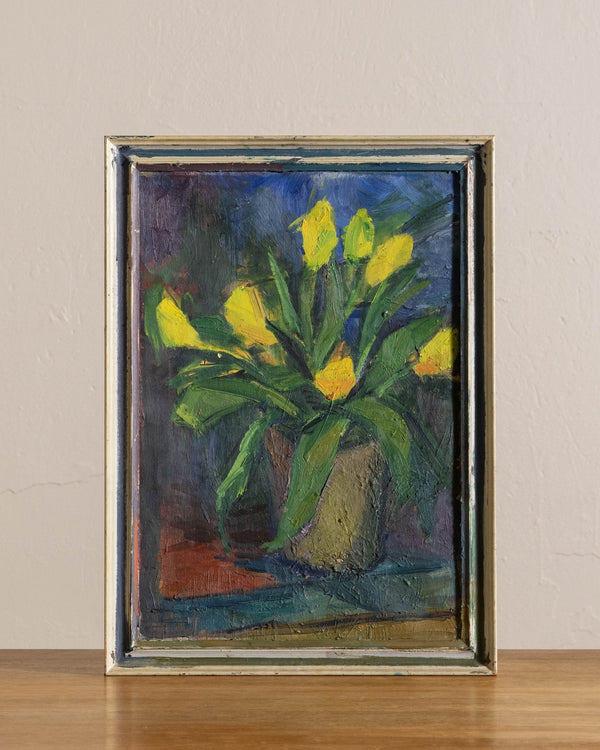 Yellow Tulips Still Life Oil Painting by Vlademar Nielsen, 1950's - Lone Fox