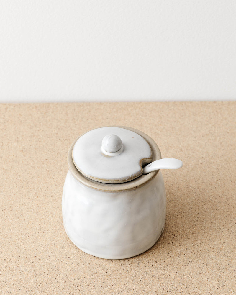 Dimpled Ceramic Sugar Bowl w/ Spoon