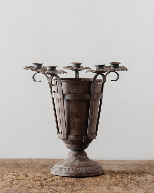 Aged Metal Vase w/ Candle Holders