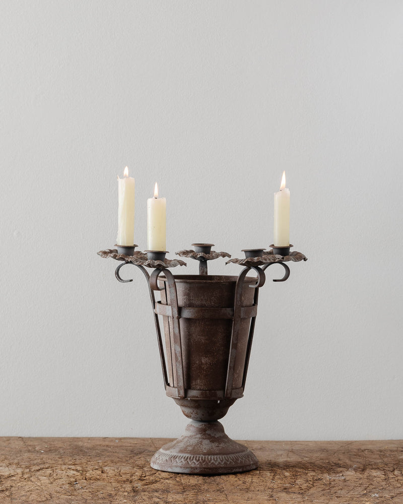 Aged Metal Vase w/ Candle Holders