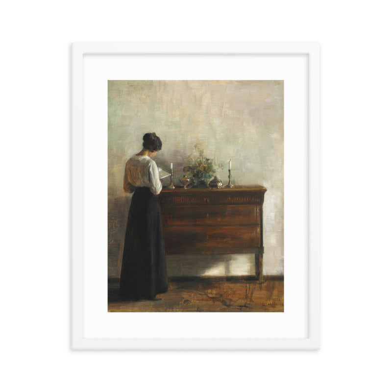 "Woman reading by dresser" Art Print